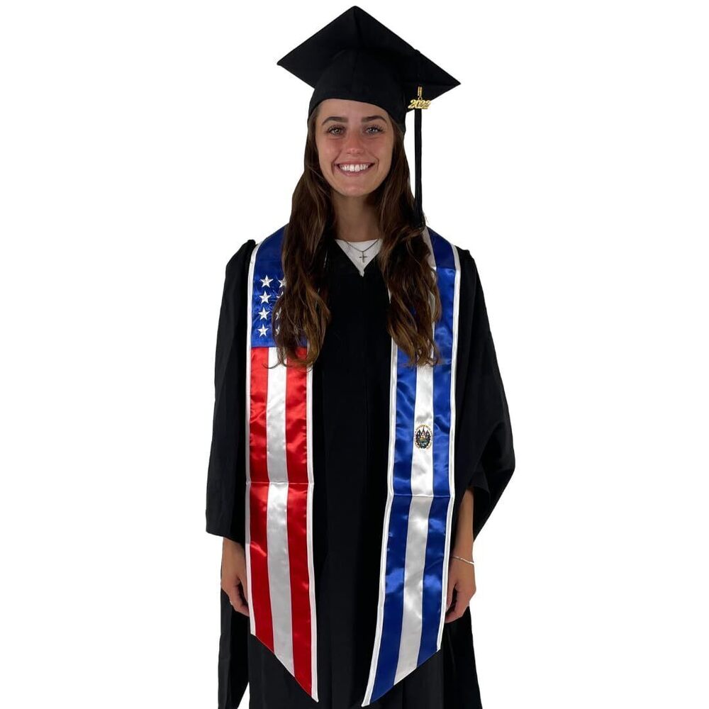 3840 Two Flag Graduation Sash Stole USA + International El Salvador & USA